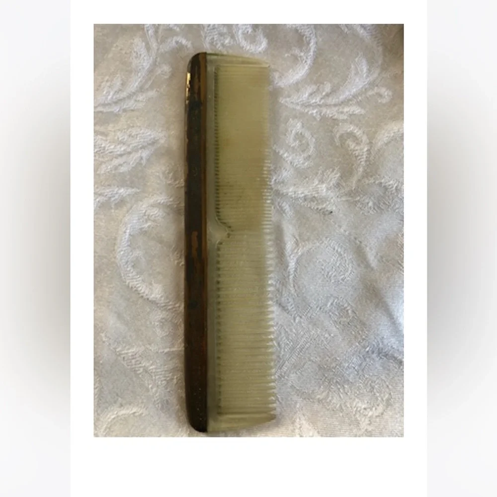 Vintage Handheld Tarnished Mirror GemLite Gold Toned Comb Art Deco Cosplay